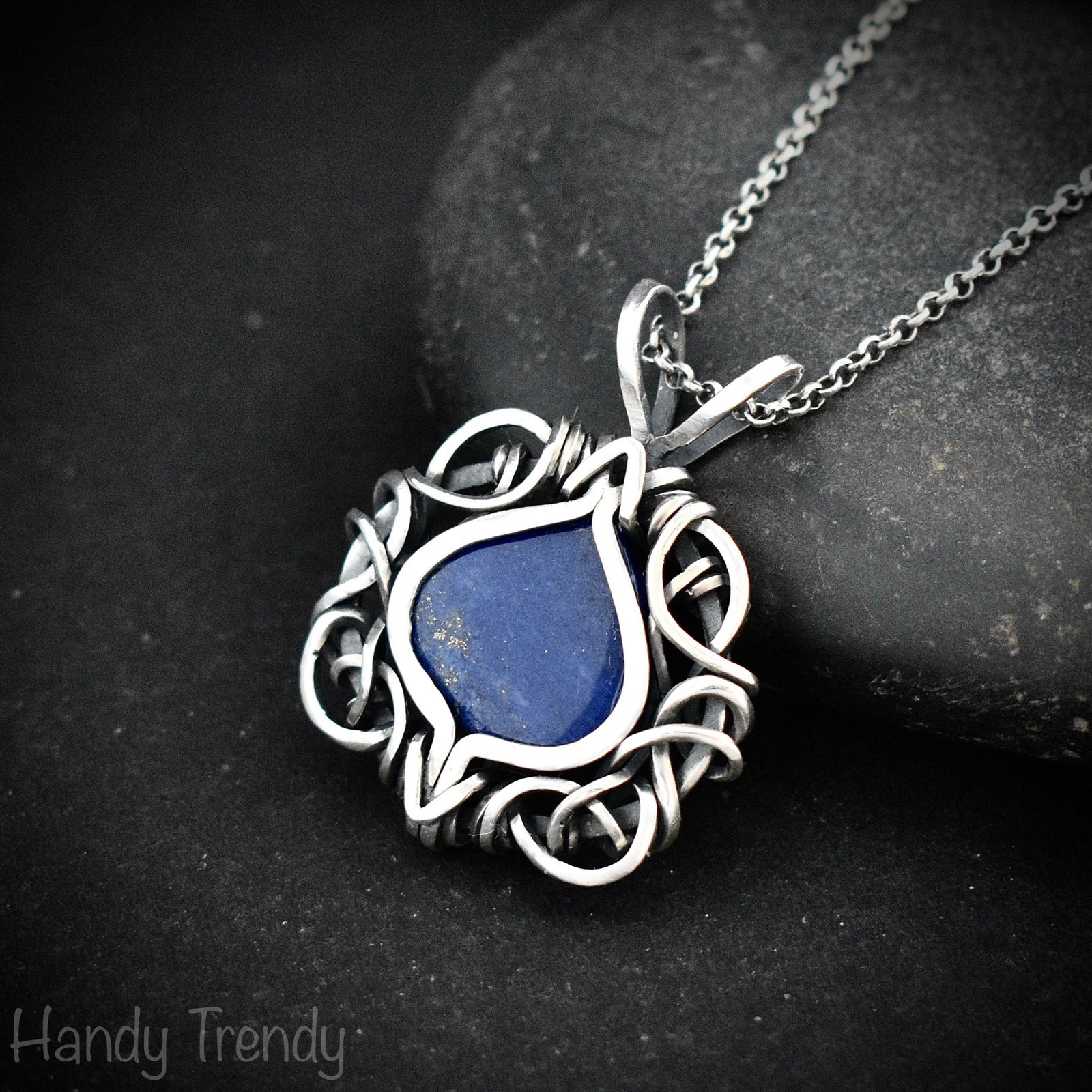 Blue lapis lazuli pendant, 925 sterling silver free flow wire wrapped jewelry, Unique handmade gift, One of a kind artisan necklace