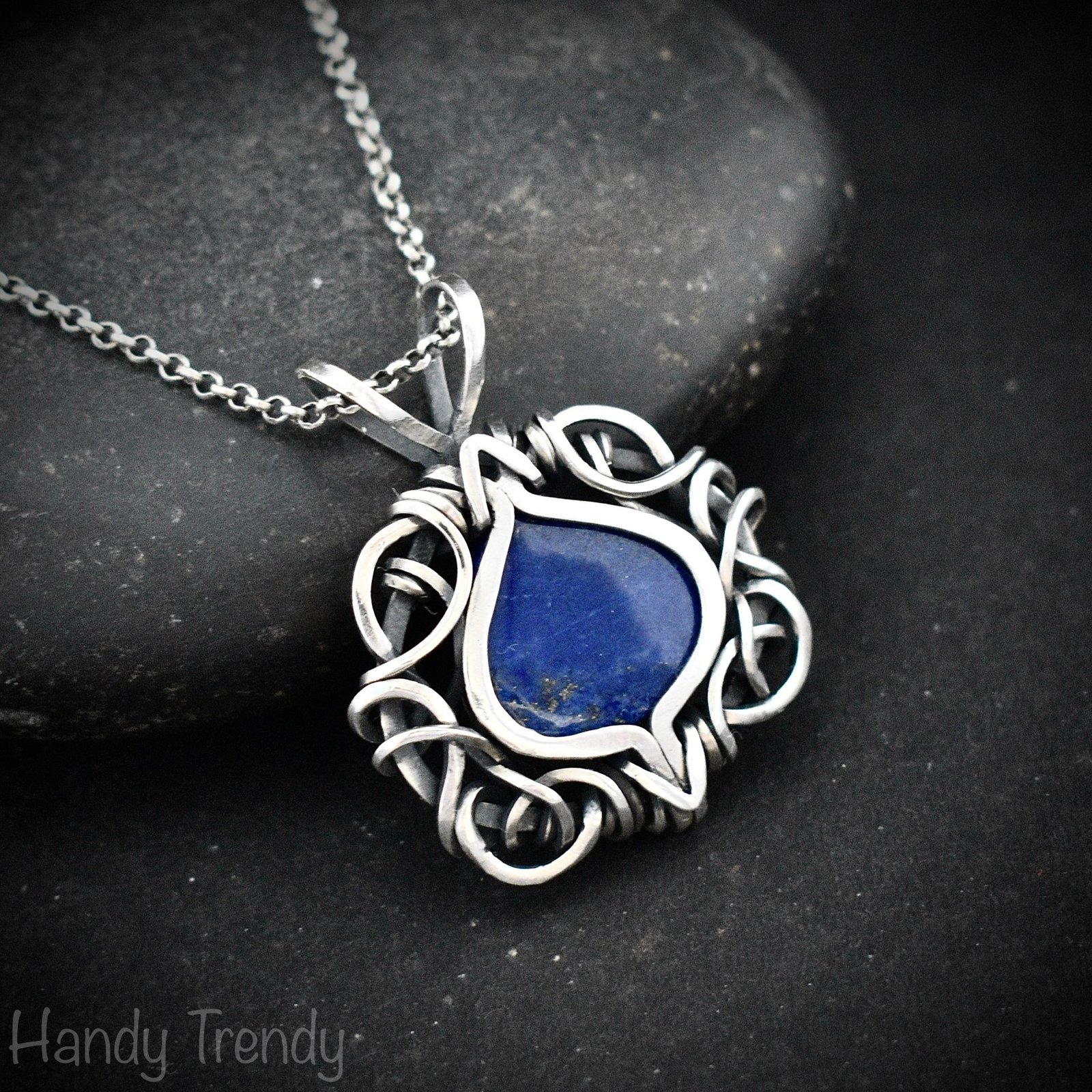 Blue lapis lazuli pendant, 925 sterling silver free flow wire wrapped jewelry, Unique handmade gift, One of a kind artisan necklace