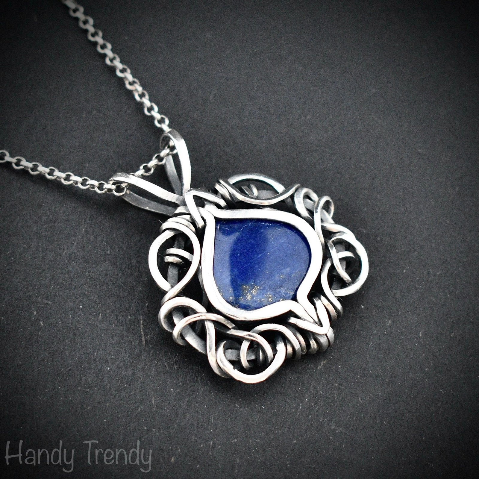 Blue lapis lazuli pendant, 925 sterling silver free flow wire wrapped jewelry, Unique handmade gift, One of a kind artisan necklace