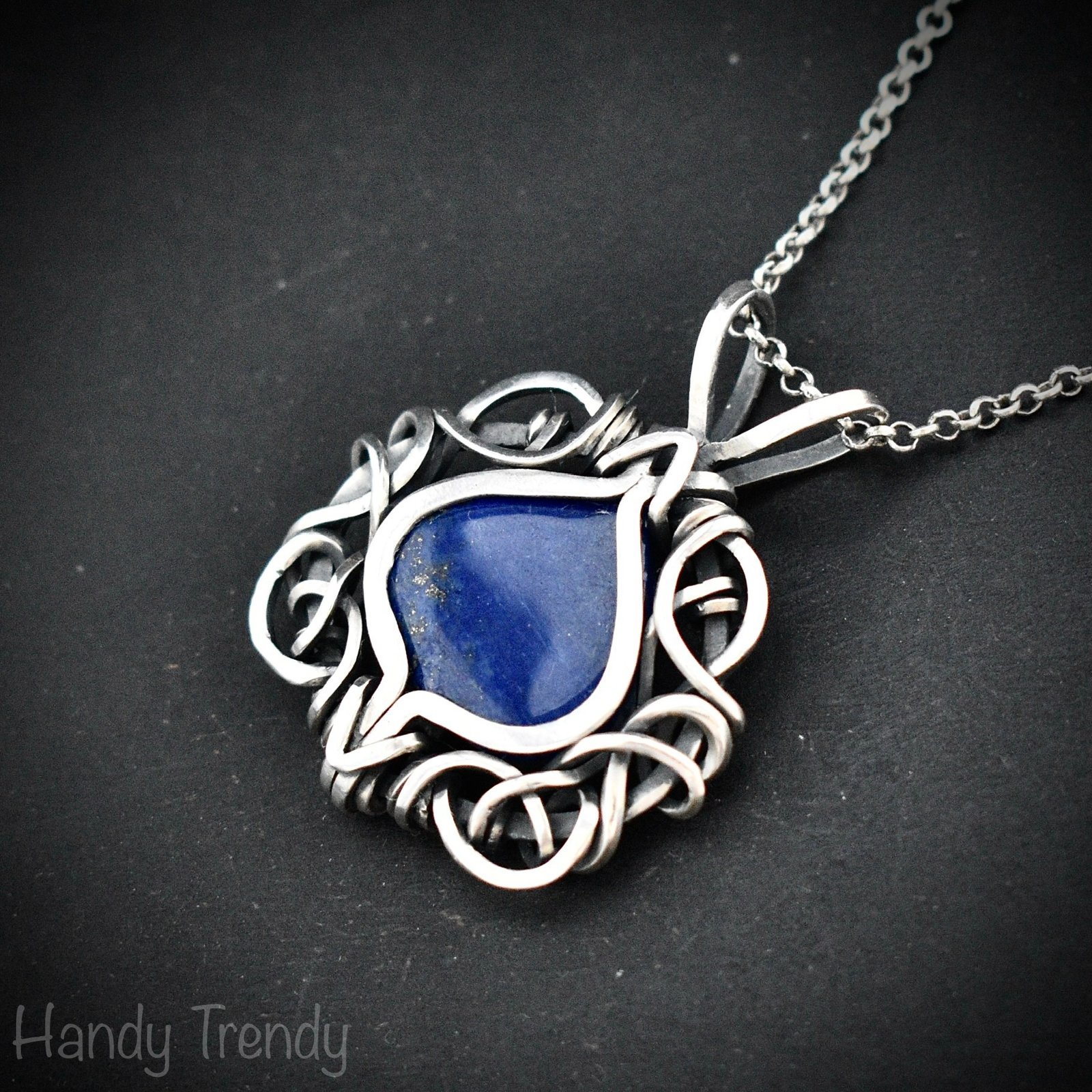 Blue lapis lazuli pendant, 925 sterling silver free flow wire wrapped jewelry, Unique handmade gift, One of a kind artisan necklace