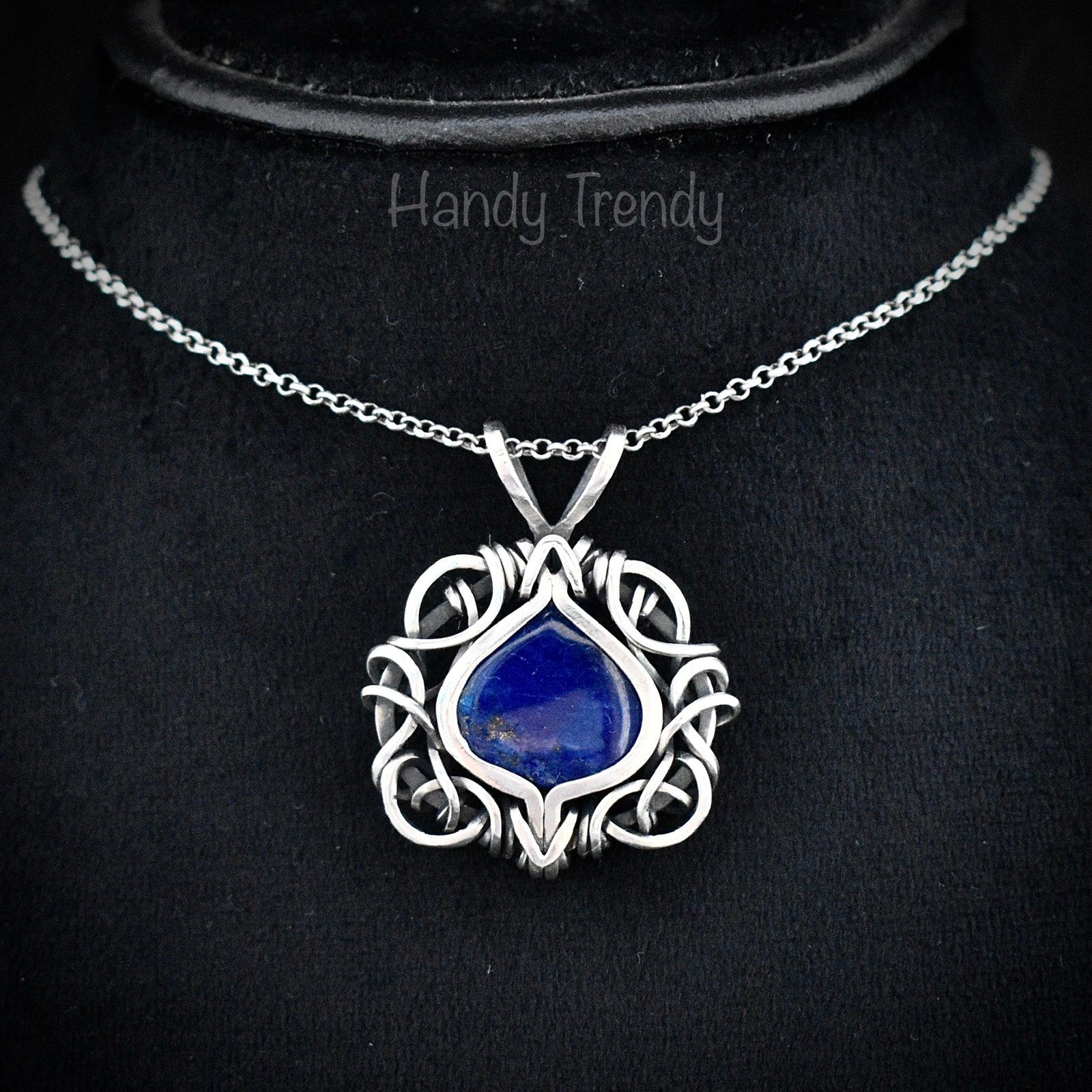 Blue lapis lazuli pendant, 925 sterling silver free flow wire wrapped jewelry, Unique handmade gift, One of a kind artisan necklace