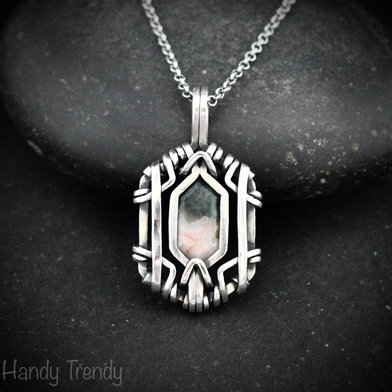 Ocean jasper hexagon pendant, Free flow 925 sterling silver wire wrapped necklace, Unique handmade gift, One of a kind jewelry
