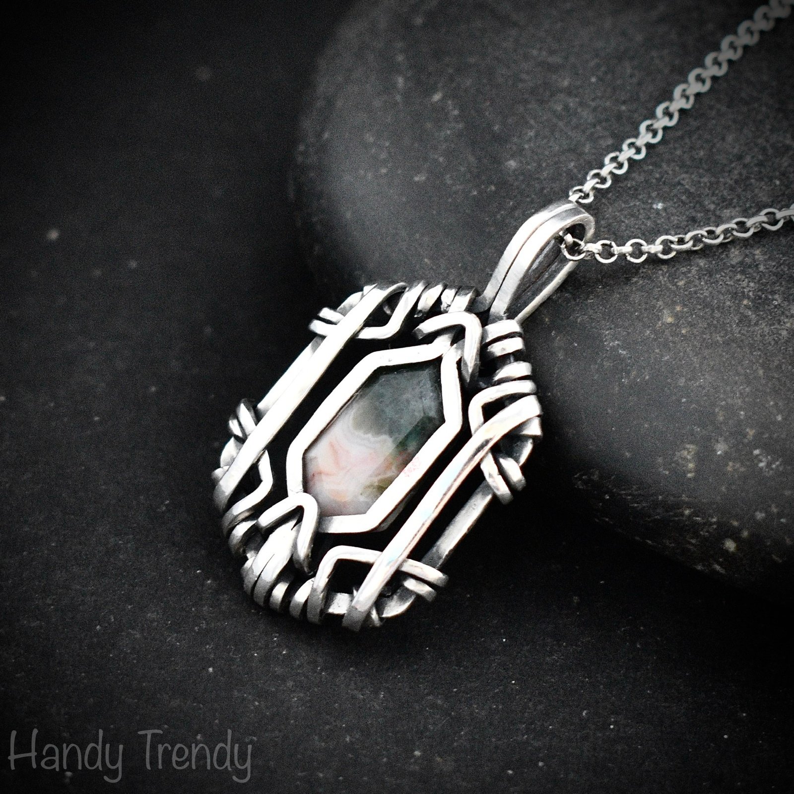 Ocean jasper hexagon pendant, Free flow 925 sterling silver wire wrapped necklace, Unique handmade gift, One of a kind jewelry