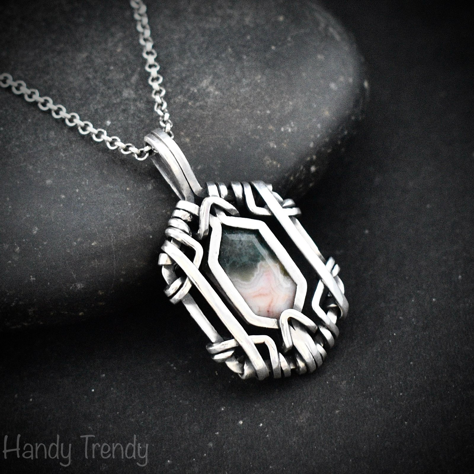 Ocean jasper hexagon pendant, Free flow 925 sterling silver wire wrapped necklace, Unique handmade gift, One of a kind jewelry