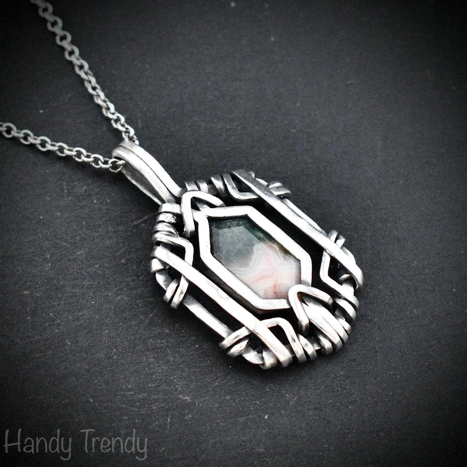 Ocean jasper hexagon pendant, Free flow 925 sterling silver wire wrapped necklace, Unique handmade gift, One of a kind jewelry
