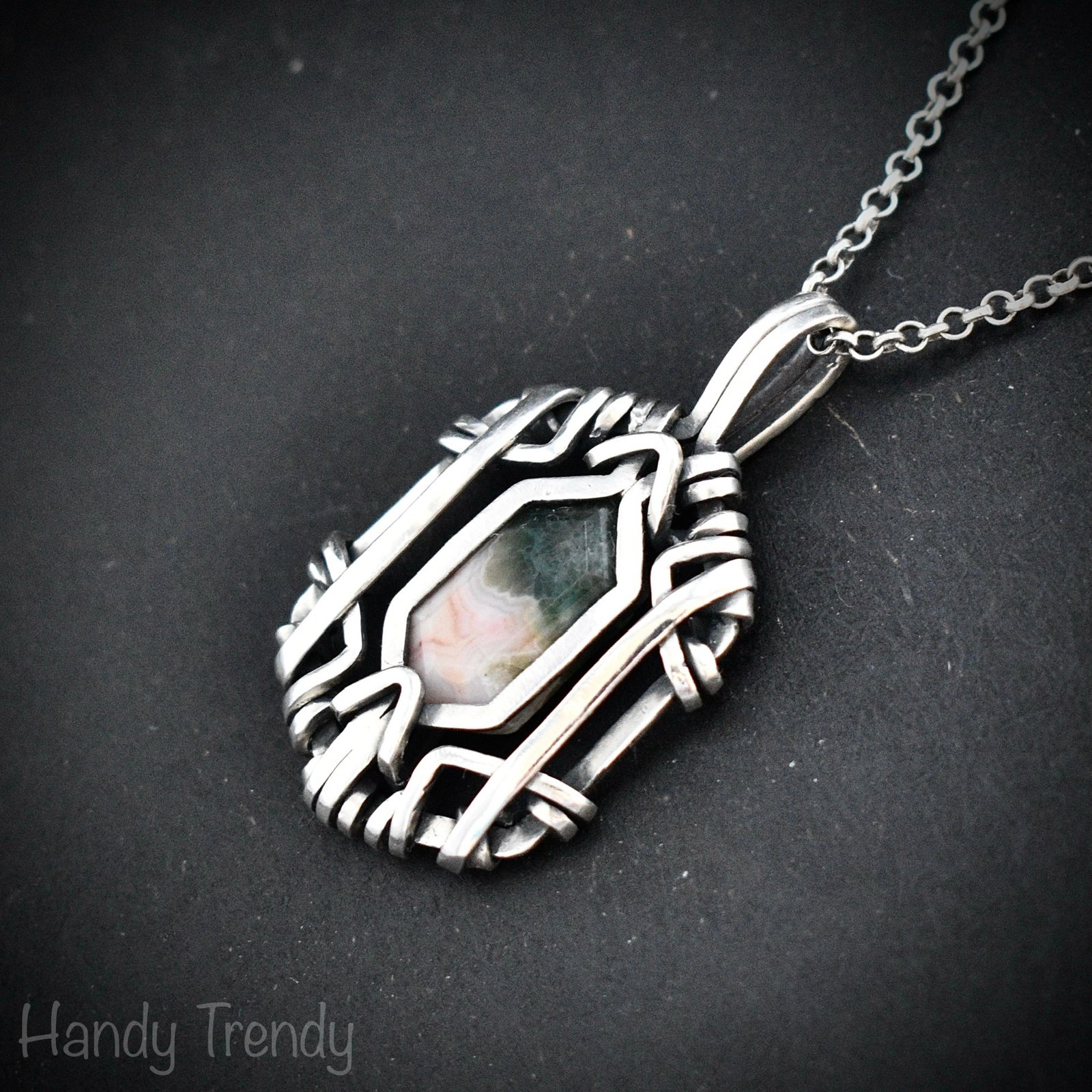Ocean jasper hexagon pendant, Free flow 925 sterling silver wire wrapped necklace, Unique handmade gift, One of a kind jewelry