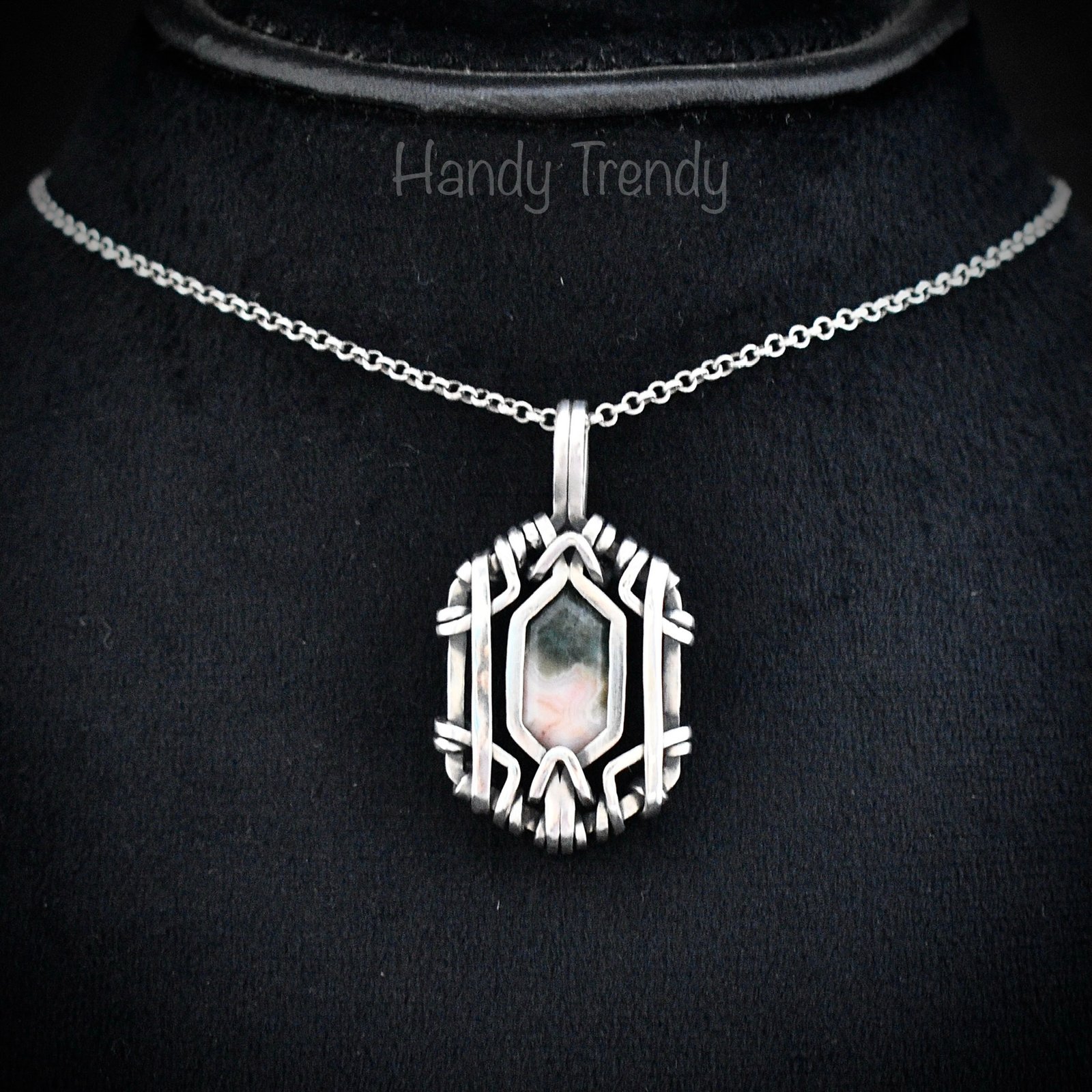 Ocean jasper hexagon pendant, Free flow 925 sterling silver wire wrapped necklace, Unique handmade gift, One of a kind jewelry