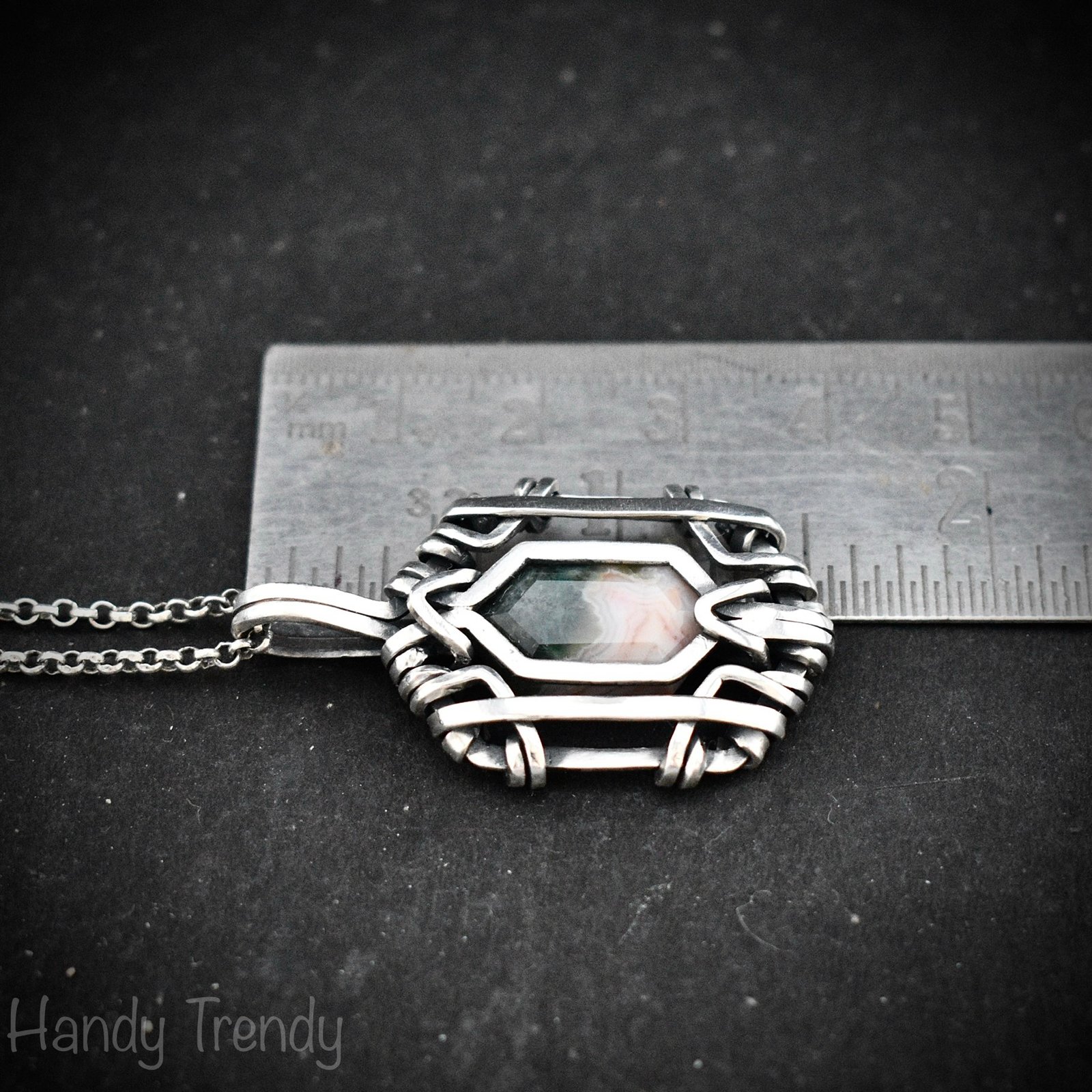 Ocean jasper hexagon pendant, Free flow 925 sterling silver wire wrapped necklace, Unique handmade gift, One of a kind jewelry