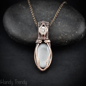 White moonstone and zircon pendant, Copper wire wrapped necklace, Unique handmade gift, One of a kind artisan boho jewelry
