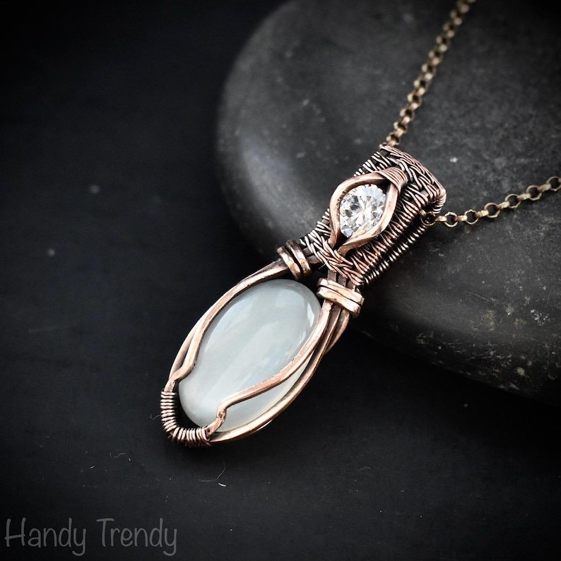 White moonstone and zircon pendant, Copper wire wrapped necklace, Unique handmade gift, One of a kind artisan boho jewelry