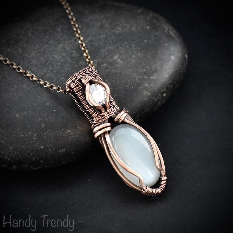 White moonstone and zircon pendant, Copper wire wrapped necklace, Unique handmade gift, One of a kind artisan boho jewelry