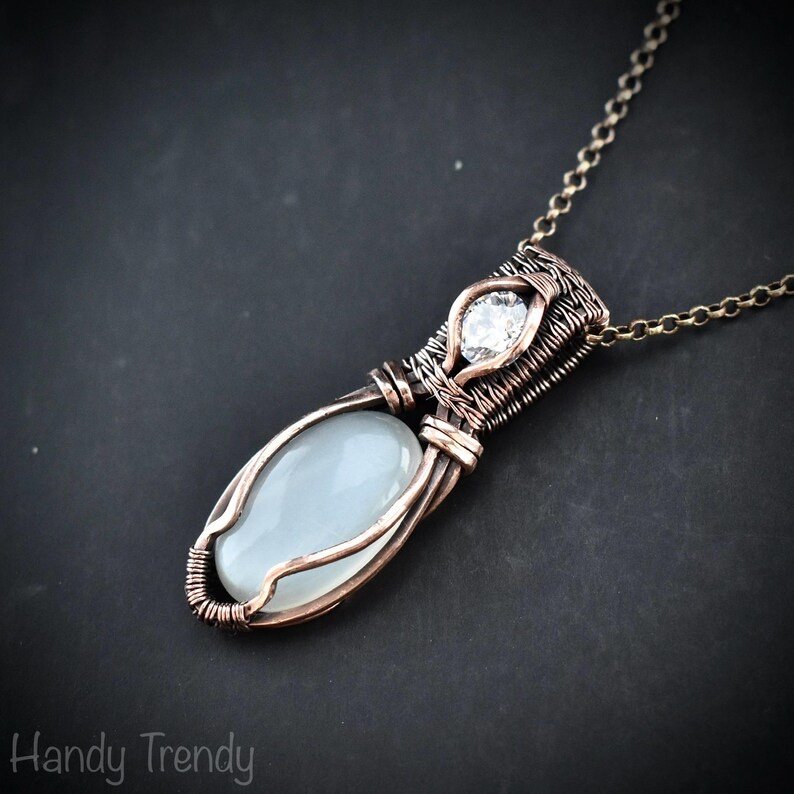 White moonstone and zircon pendant, Copper wire wrapped necklace, Unique handmade gift, One of a kind artisan boho jewelry