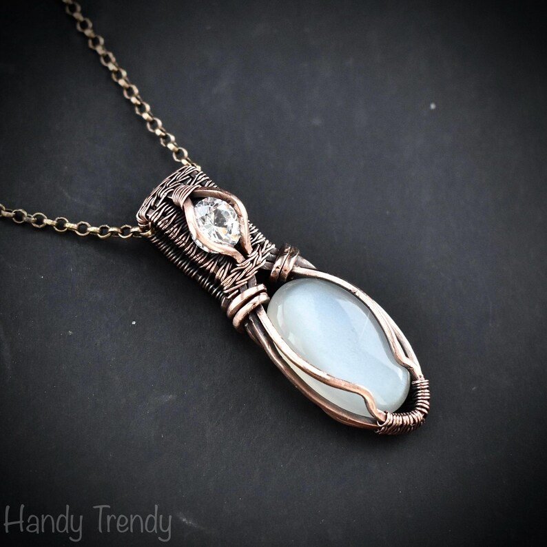 White moonstone and zircon pendant, Copper wire wrapped necklace, Unique handmade gift, One of a kind artisan boho jewelry