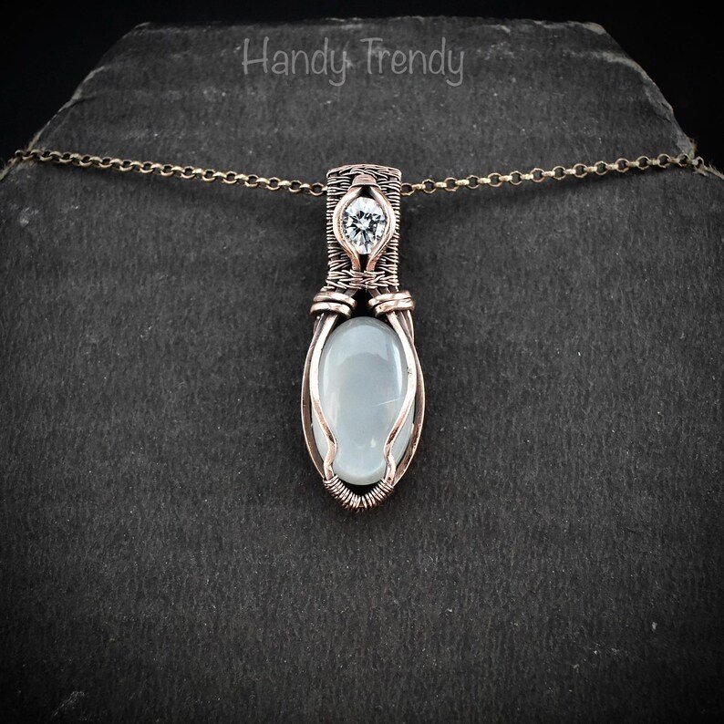 White moonstone and zircon pendant, Copper wire wrapped necklace, Unique handmade gift, One of a kind artisan boho jewelry