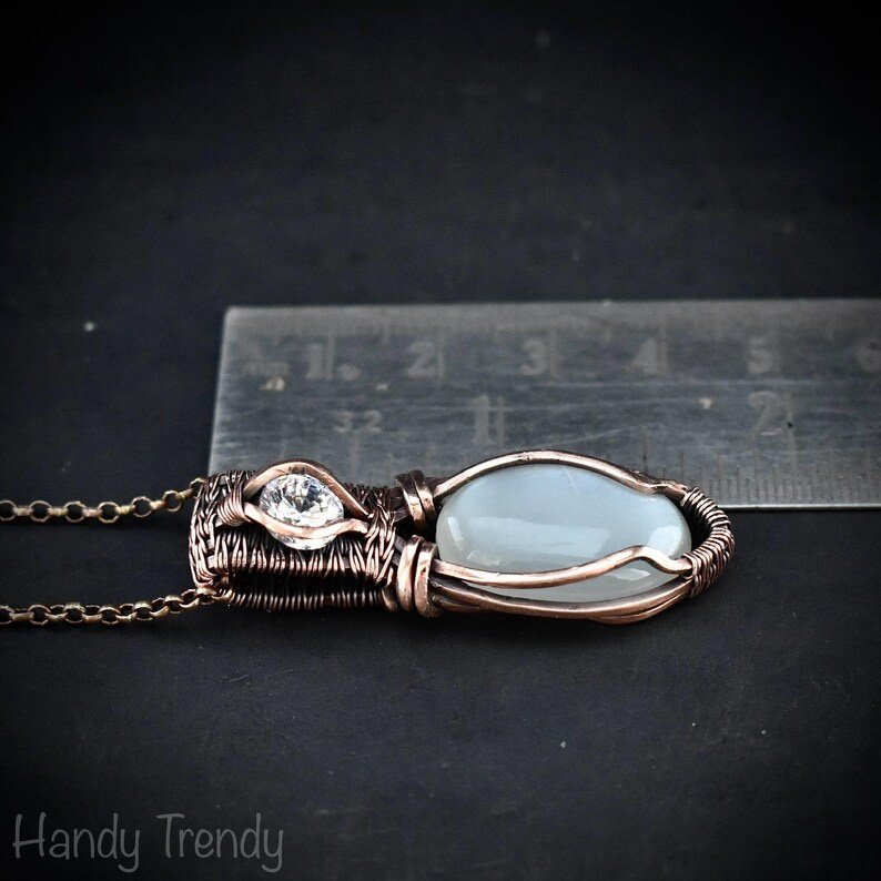 White moonstone and zircon pendant, Copper wire wrapped necklace, Unique handmade gift, One of a kind artisan boho jewelry