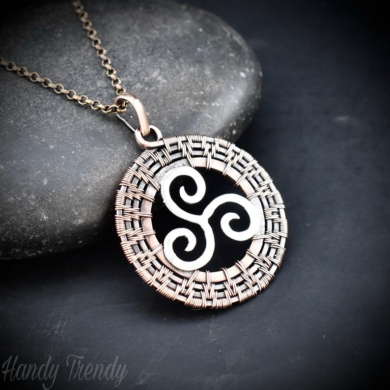 Triskele pendant, 925 sterling silver and Copper wire wrapped jewelry, Unique handmade gift, Artisan boho jewelry, Ancient symbol