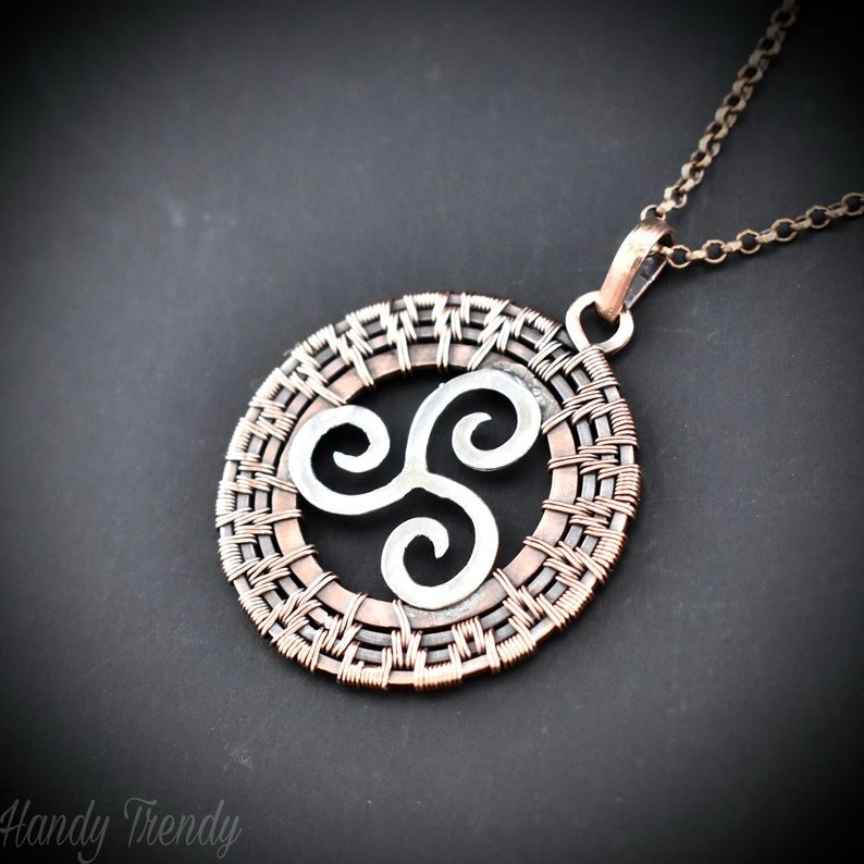 Triskele pendant, 925 sterling silver and Copper wire wrapped jewelry, Unique handmade gift, Artisan boho jewelry, Ancient symbol