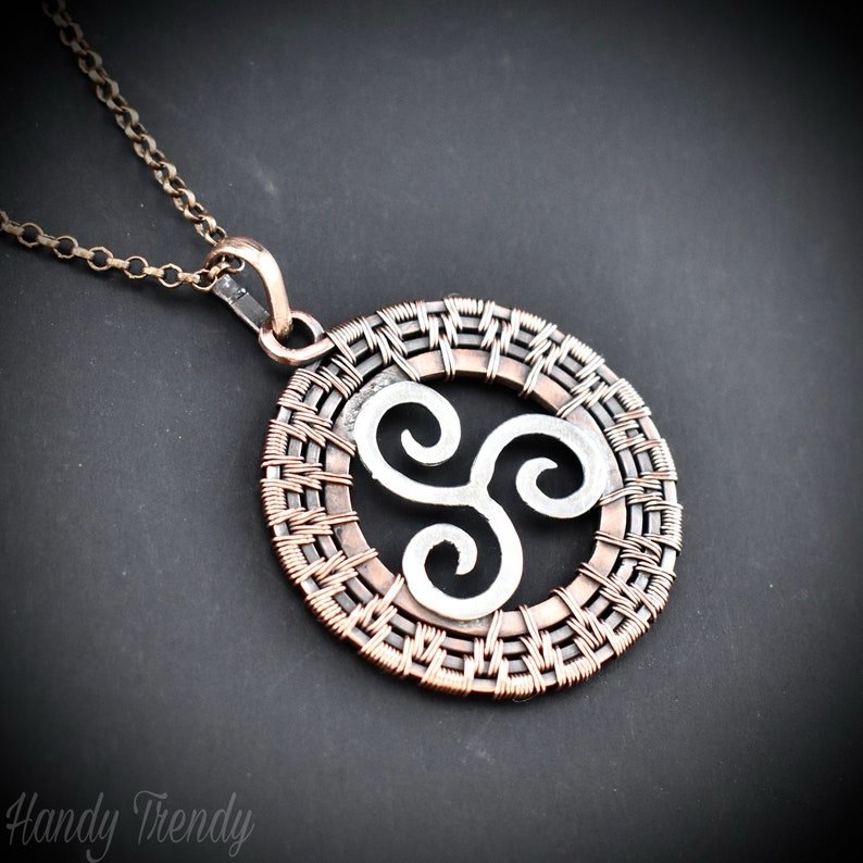 Triskele pendant, 925 sterling silver and Copper wire wrapped jewelry, Unique handmade gift, Artisan boho jewelry, Ancient symbol