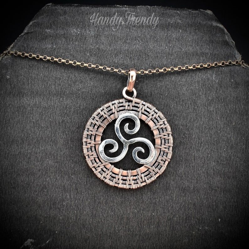 Triskele pendant, 925 sterling silver and Copper wire wrapped jewelry, Unique handmade gift, Artisan boho jewelry, Ancient symbol