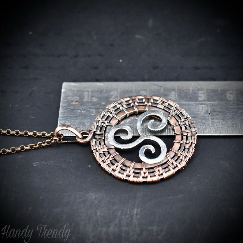 Triskele pendant, 925 sterling silver and Copper wire wrapped jewelry, Unique handmade gift, Artisan boho jewelry, Ancient symbol