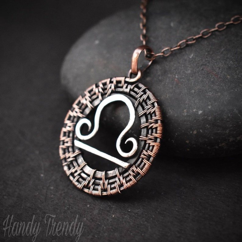 Libra zodiac pendant, 925 sterling silver and Copper wire wrapped necklace, Unique handmade gift, One of a kind artisan jewelry