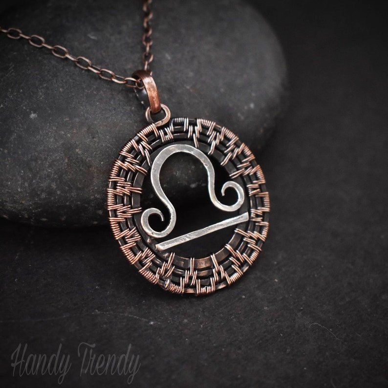 Libra zodiac pendant, 925 sterling silver and Copper wire wrapped necklace, Unique handmade gift, One of a kind artisan jewelry