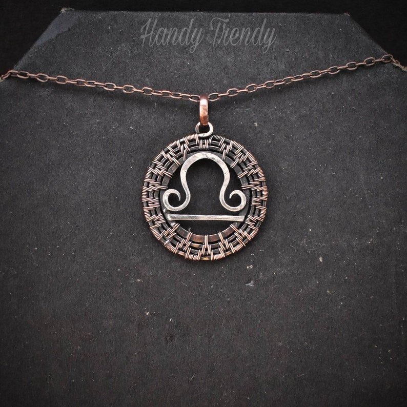 Libra zodiac pendant, 925 sterling silver and Copper wire wrapped necklace, Unique handmade gift, One of a kind artisan jewelry