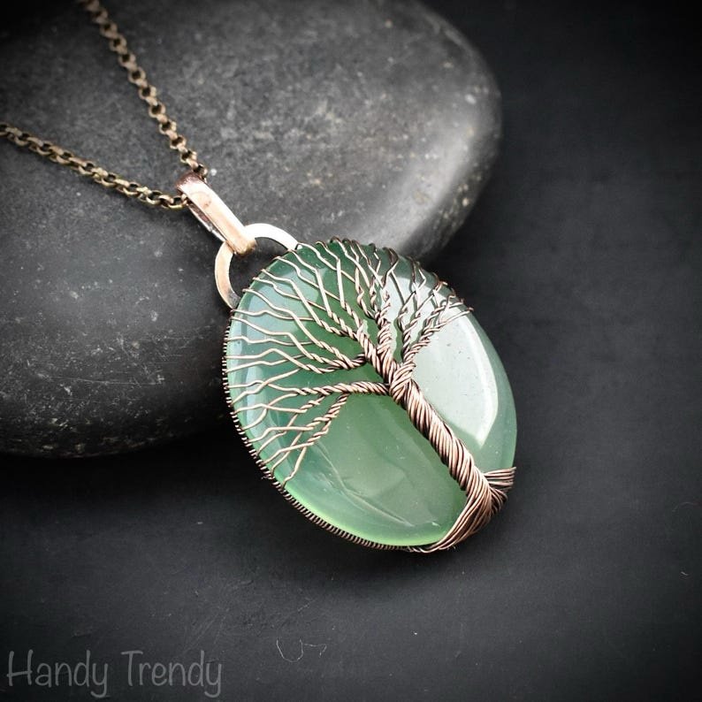 Green aventurine tree of life pendant, Copper wire wrapped jewelry, Unique handmade gift, Celestial artisan jewelry, botanical necklace