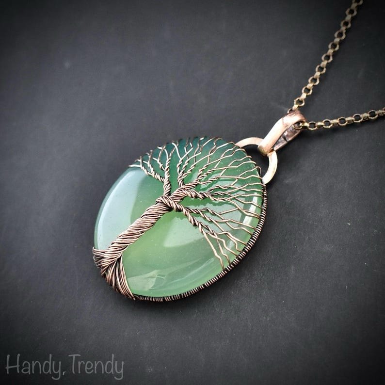 Green aventurine tree of life pendant, Copper wire wrapped jewelry, Unique handmade gift, Celestial artisan jewelry, botanical necklace