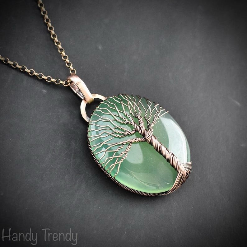 Green aventurine tree of life pendant, Copper wire wrapped jewelry, Unique handmade gift, Celestial artisan jewelry, botanical necklace