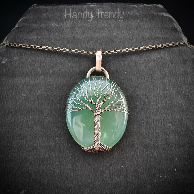 Green aventurine tree of life pendant, Copper wire wrapped jewelry, Unique handmade gift, Celestial artisan jewelry, botanical necklace