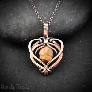 Yellow tiger eye heart pendant, Free-flow Copper Wire wrapped necklace, Unique handmade gift, One of a kind artisan boho jewelry