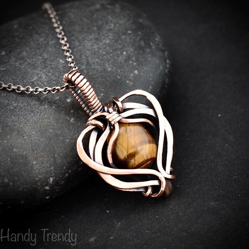 Yellow tiger eye heart pendant, Free-flow Copper Wire wrapped necklace, Unique handmade gift, One of a kind artisan boho jewelry
