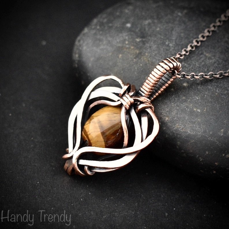 Yellow tiger eye heart pendant, Free-flow Copper Wire wrapped necklace, Unique handmade gift, One of a kind artisan boho jewelry