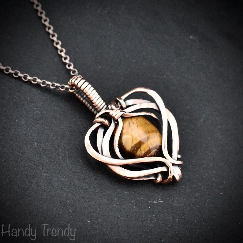 Yellow tiger eye heart pendant, Free-flow Copper Wire wrapped necklace, Unique handmade gift, One of a kind artisan boho jewelry