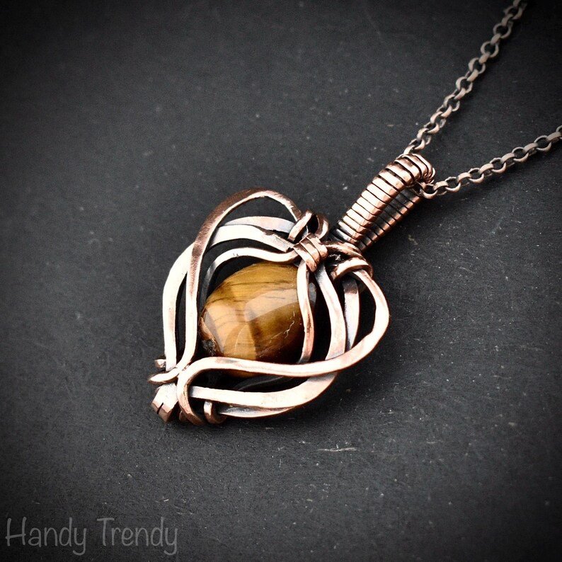 Yellow tiger eye heart pendant, Free-flow Copper Wire wrapped necklace, Unique handmade gift, One of a kind artisan boho jewelry