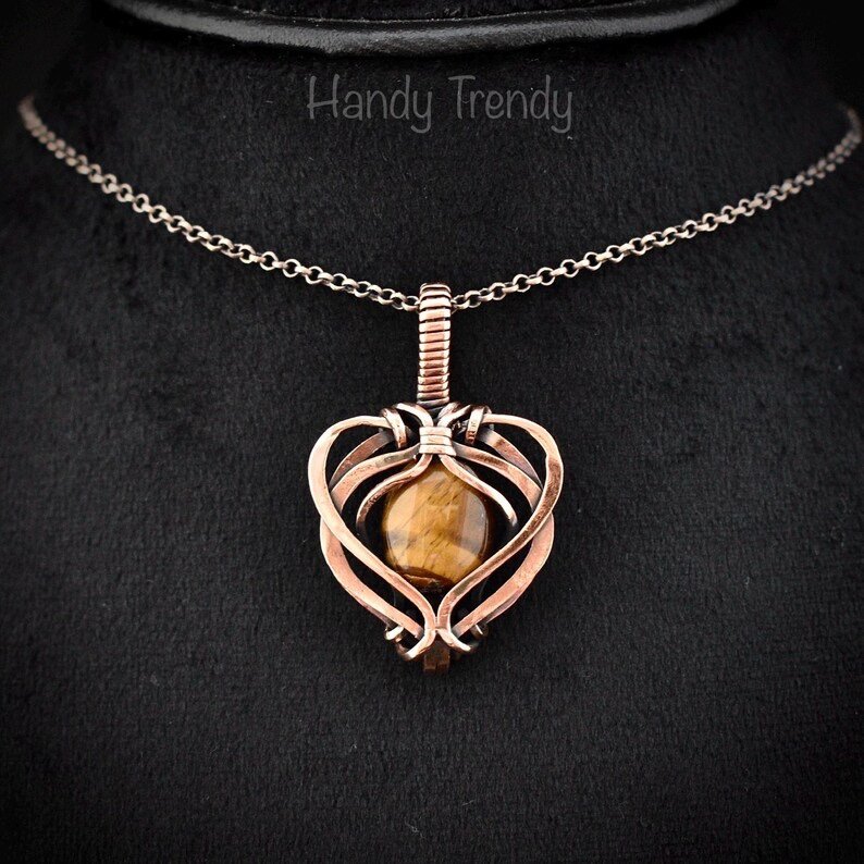 Yellow tiger eye heart pendant, Free-flow Copper Wire wrapped necklace, Unique handmade gift, One of a kind artisan boho jewelry