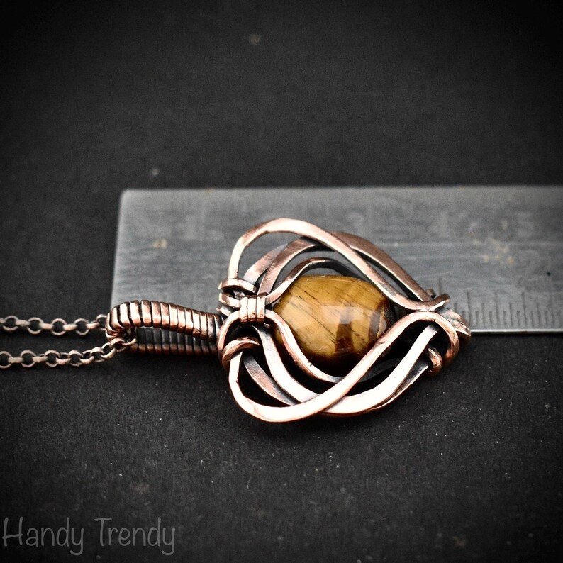 Yellow tiger eye heart pendant, Free-flow Copper Wire wrapped necklace, Unique handmade gift, One of a kind artisan boho jewelry