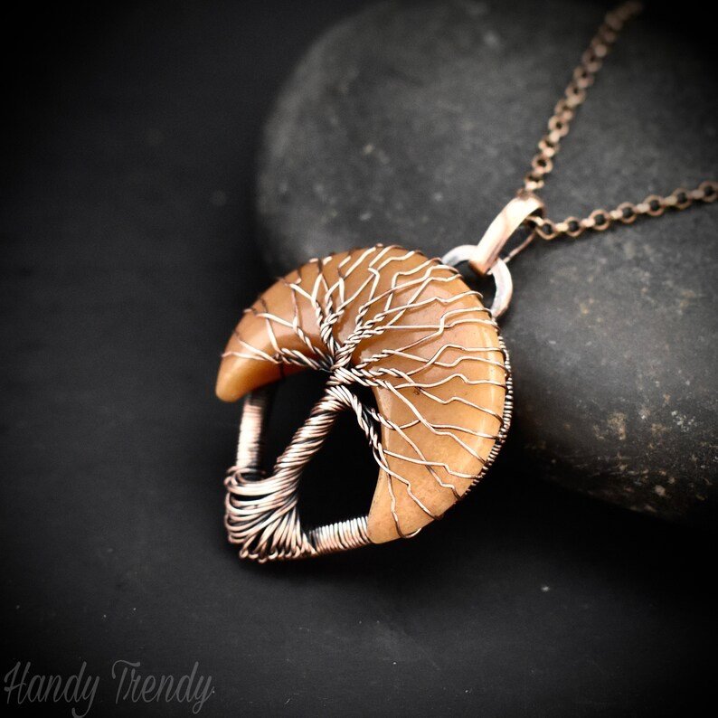 Sunset tree of life pendant, Yellow aventurine and copper wire wrapped jewelry, Unique handmade gift, Artisan jewelry, Botanical necklace