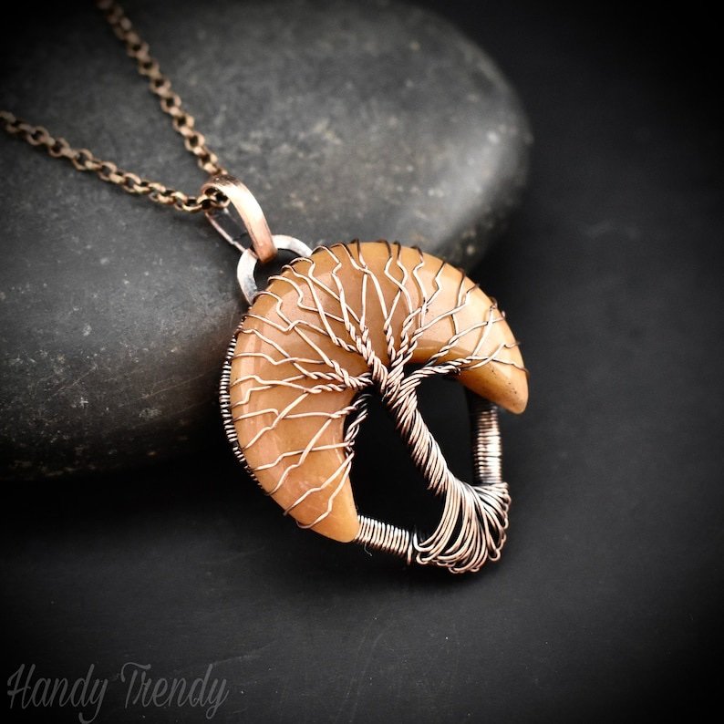 Sunset tree of life pendant, Yellow aventurine and copper wire wrapped jewelry, Unique handmade gift, Artisan jewelry, Botanical necklace