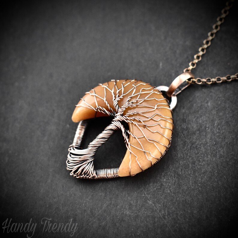 Sunset tree of life pendant, Yellow aventurine and copper wire wrapped jewelry, Unique handmade gift, Artisan jewelry, Botanical necklace