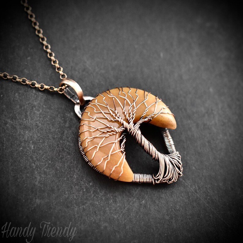 Sunset tree of life pendant, Yellow aventurine and copper wire wrapped jewelry, Unique handmade gift, Artisan jewelry, Botanical necklace