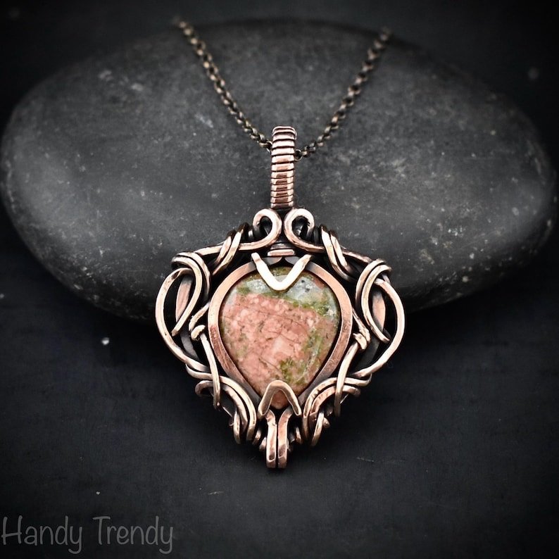 Unakite pendant, Free-flow copper wire wrapped necklace, Unique handmade one of a kind artisan jewelry