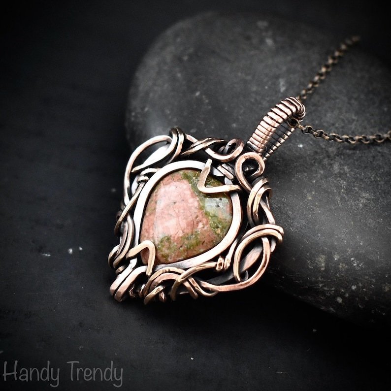 Unakite pendant, Free-flow copper wire wrapped necklace, Unique handmade one of a kind artisan jewelry