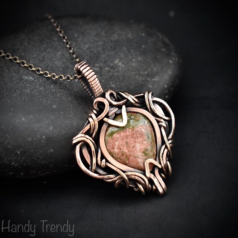 Unakite pendant, Free-flow copper wire wrapped necklace, Unique handmade one of a kind artisan jewelry