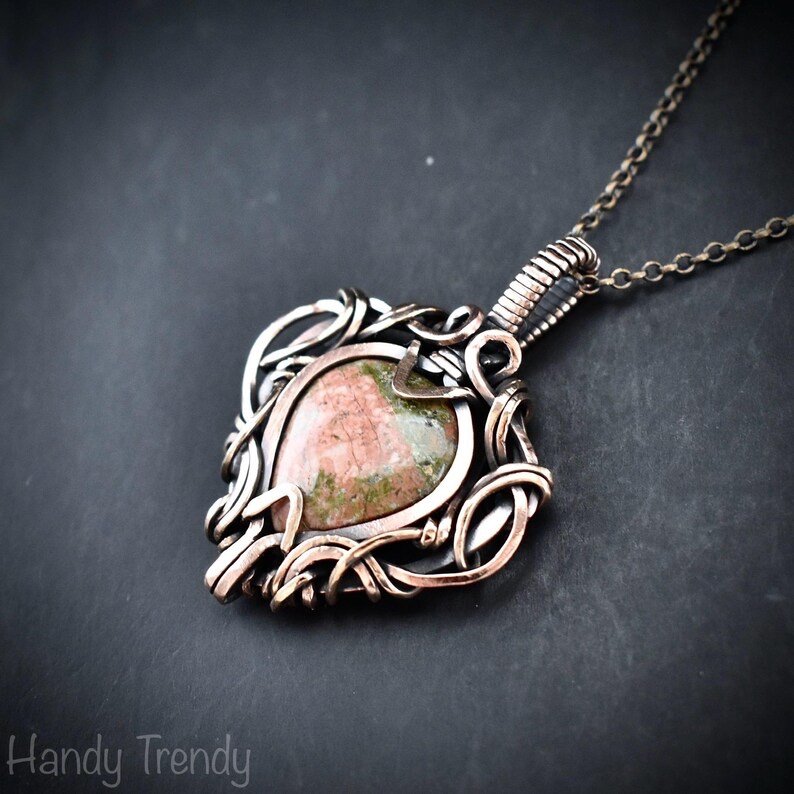 Unakite pendant, Free-flow copper wire wrapped necklace, Unique handmade one of a kind artisan jewelry