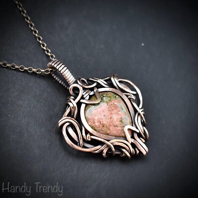 Unakite pendant, Free-flow copper wire wrapped necklace, Unique handmade one of a kind artisan jewelry