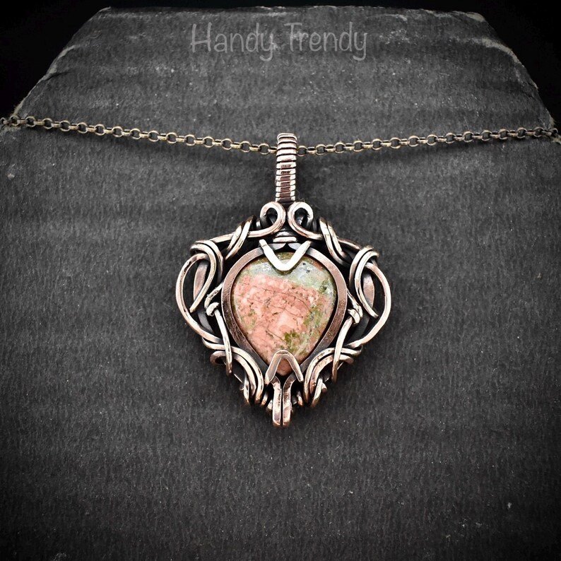 Unakite pendant, Free-flow copper wire wrapped necklace, Unique handmade one of a kind artisan jewelry