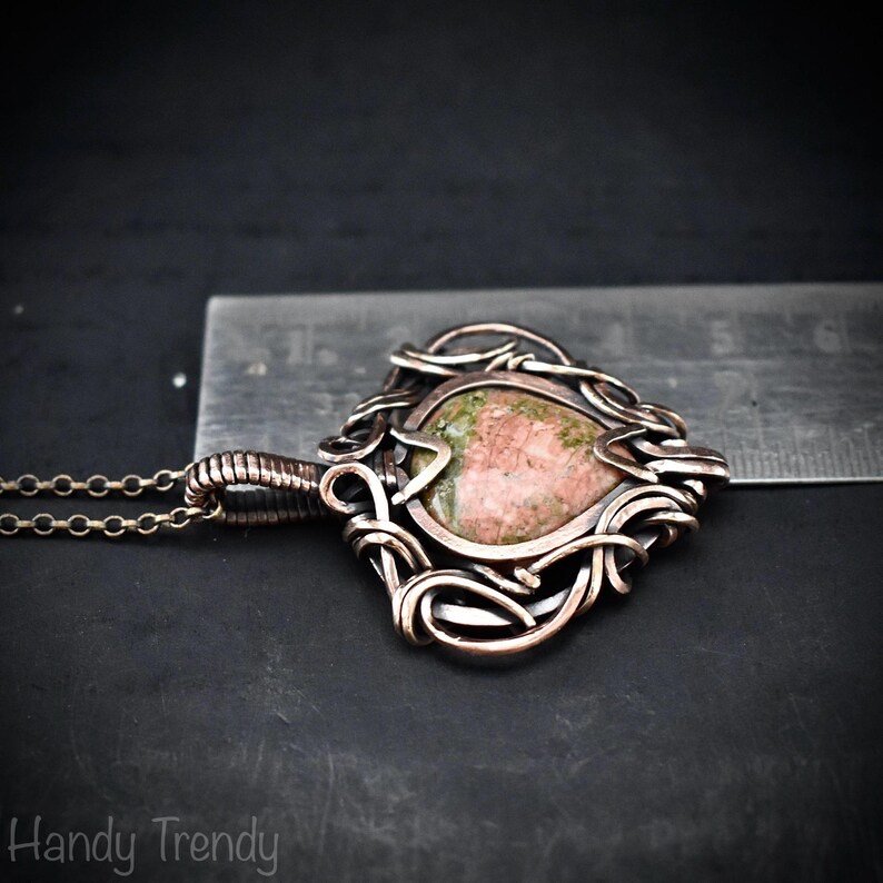 Unakite pendant, Free-flow copper wire wrapped necklace, Unique handmade one of a kind artisan jewelry