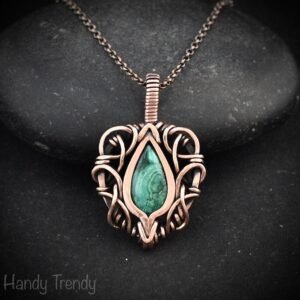 Malachite pendant, Free flow copper wire wrapped necklace, Unique handmade One of a kind Artisan boho jewelry